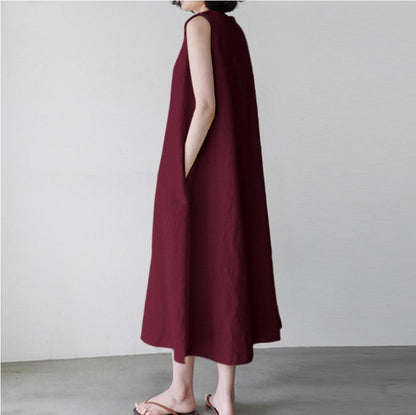 Vestido de lino y algodón con cuello redondo de color liso para mujer de verano