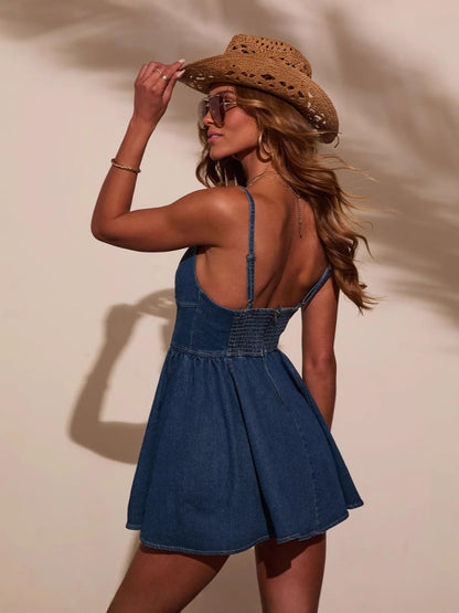 Vestido vaquero sexy con tirantes finos de color liso a la moda para mujer