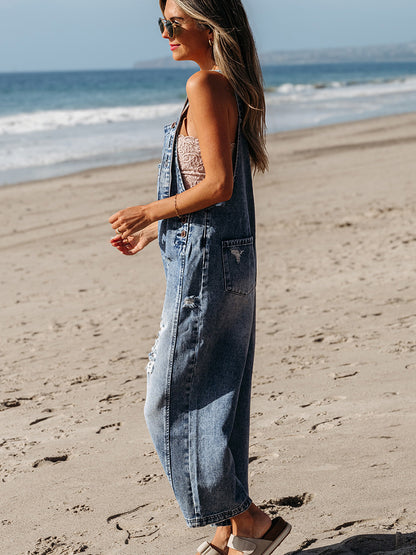 Autumn Cotton Denim Ripped Sleeveless Jumpsuit with High Waist