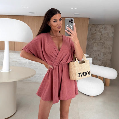 Combinaison ample à col en V et couleur unie pour femme