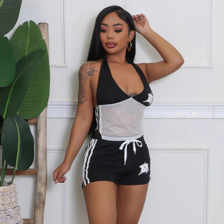 Women Fashion Contrast Color Halter Neck Crop Top with Low Waist Shorts Two-Piece Set