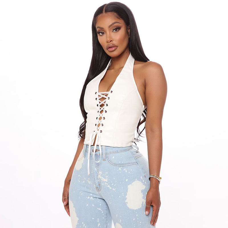 Haut court sexy sans manches en PU à lacets de couleur unie pour femme