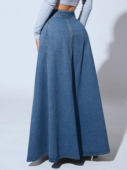 Falda vaquera de una sola botonadura para mujer, estilo urbano, larga, línea A, color liso