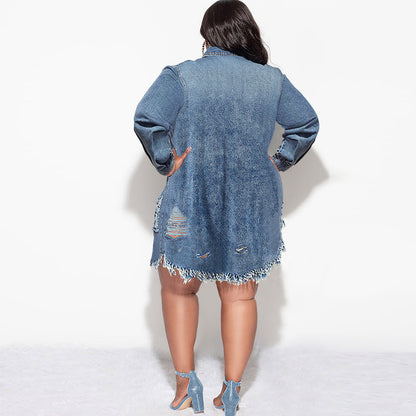 Vestido vaquero informal de talla grande con solapa para mujer