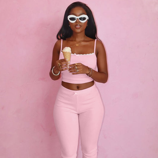 Women Summer Fashion Lace Camis Slim Fit Shorts Set