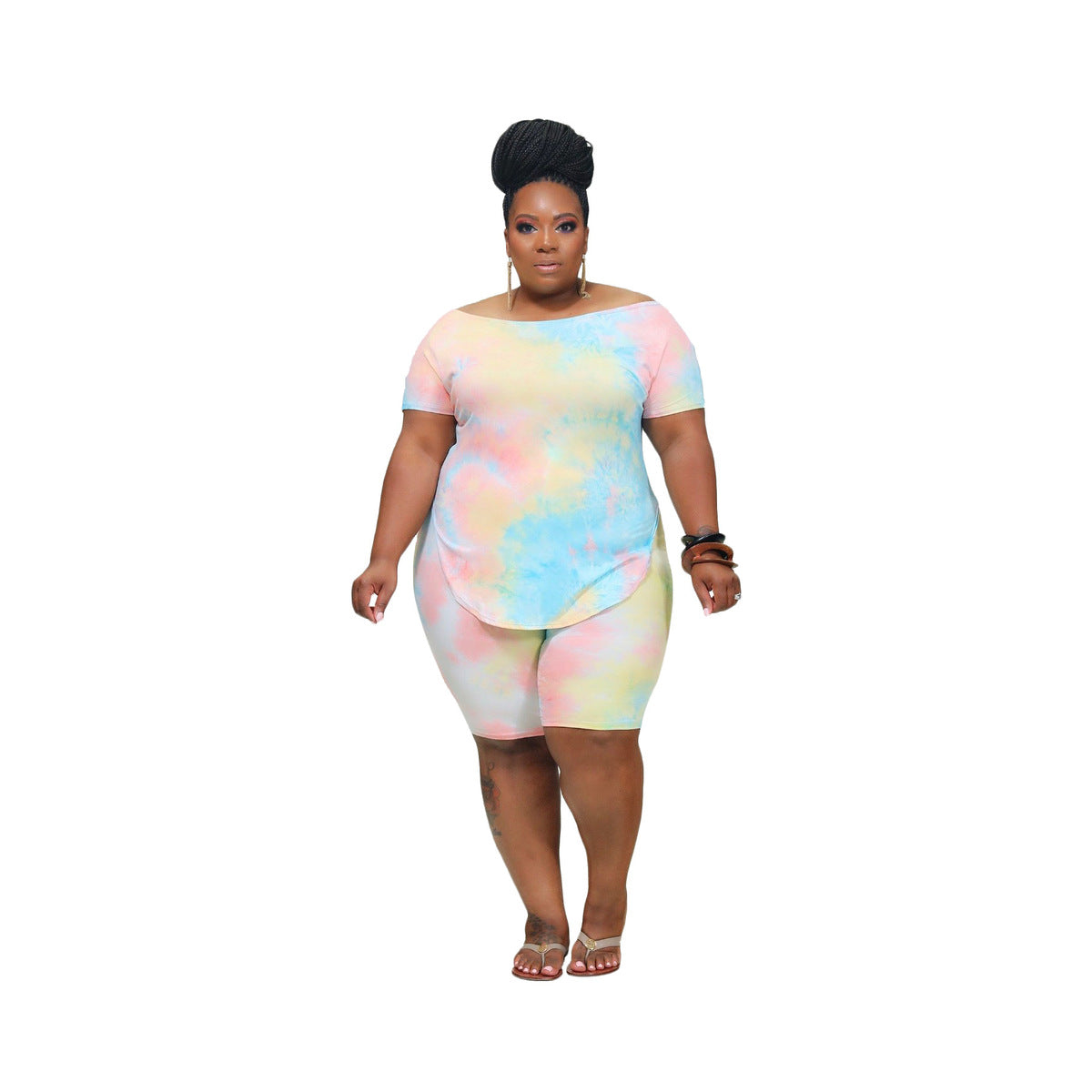 Women Casual Plus Size Tie-Dye Short-Sleeve T-Shirt Tight Shorts Two-Piece Set