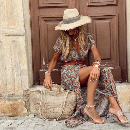 Vestido largo bohemio vintage de verano para mujer, sexy, con escote en V y mangas cortas, con cinturón