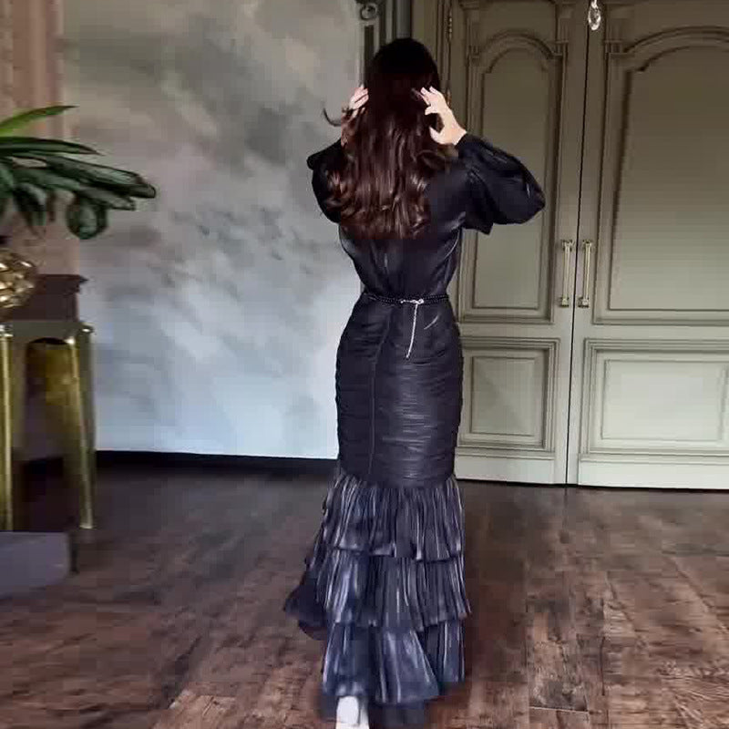 Women Elegant Solid Color Long Sleeve Ruffled Maxi Dress