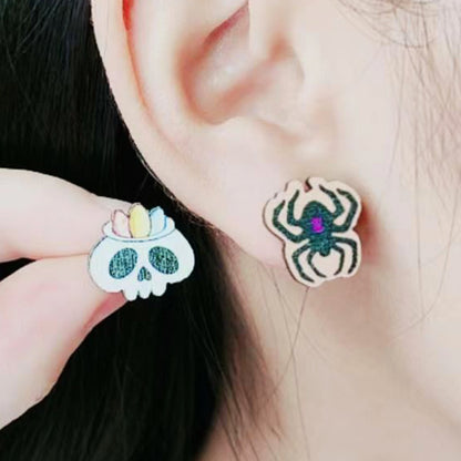 Halloween Women Fashion Wood Print Skull Earrings