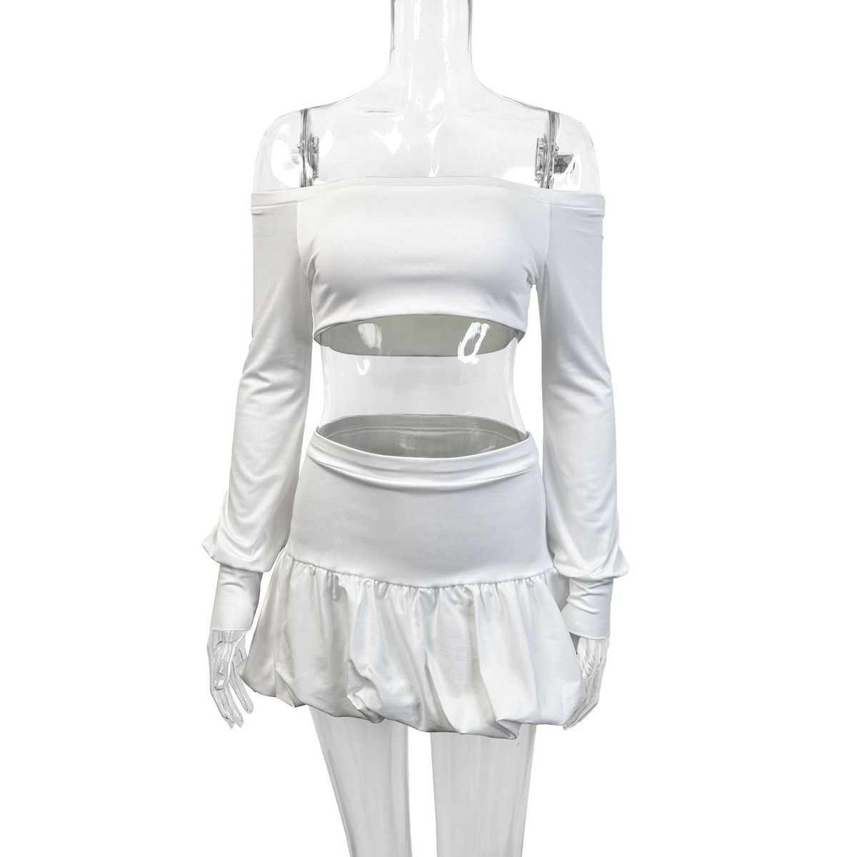 Women Fashion Solid Color Shoulder Long Sleeve Top And Skirt Two-Piece Set