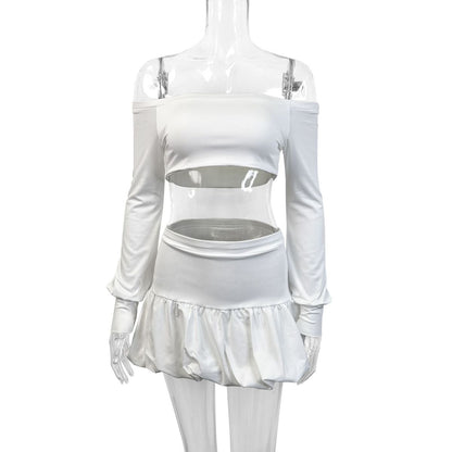 Women Fashion Solid Color Shoulder Long Sleeve Top And Skirt Two-Piece Set