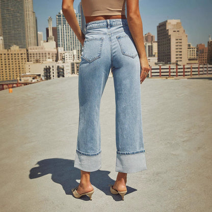 Women Fashion Casual Stretch Curled High Waist Jeans