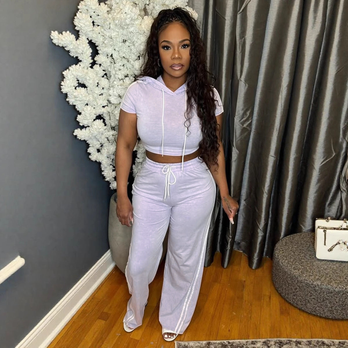 Women Casual Short Sleeve Hoodie and Pants Set in Solid Colors