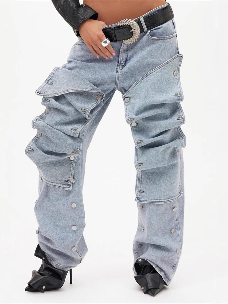 Street Women Fashion Detachable Straight Jeans in Dusty Blue