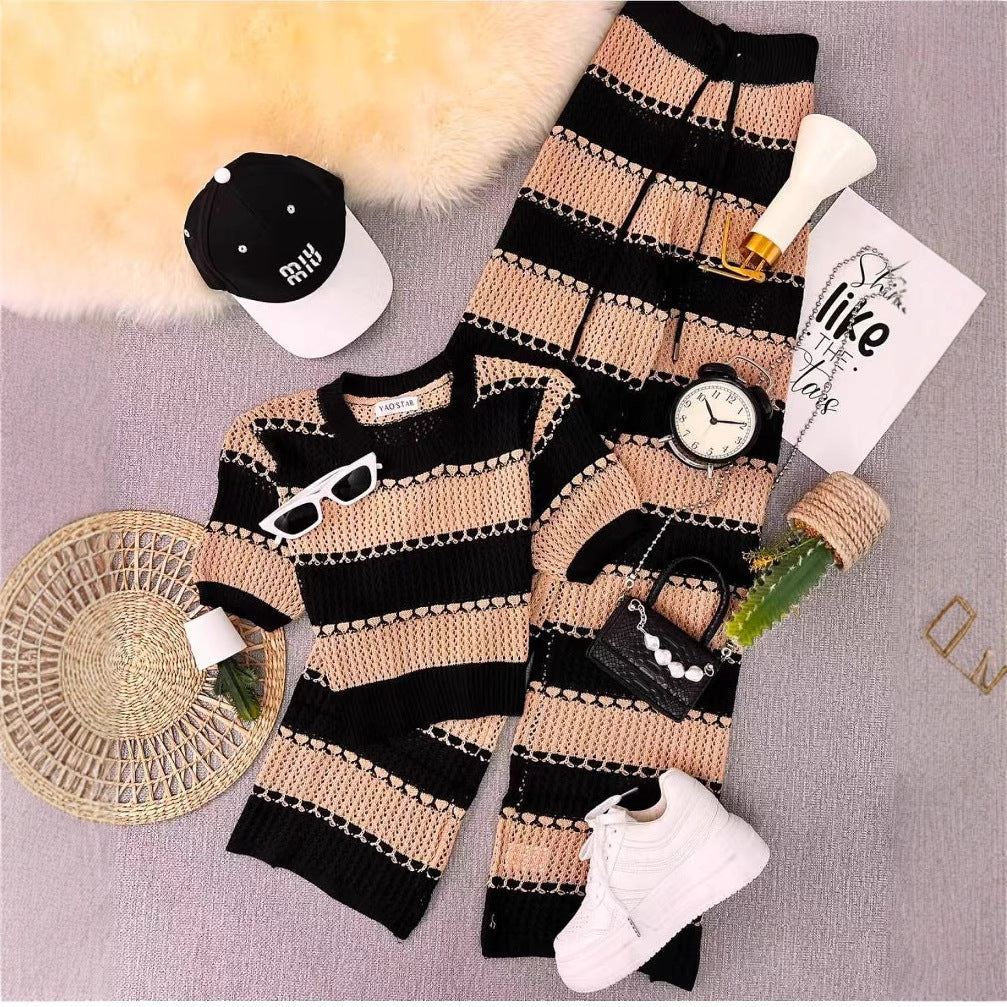Women Fashion Contrast Color Stripe Two-Piece Set