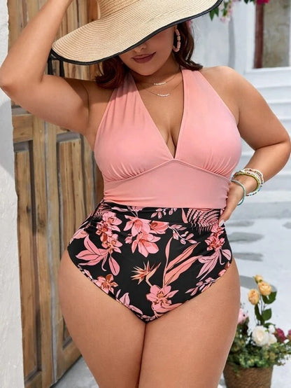 Traje de baño de una pieza con estampado floral de talla grande para mujer