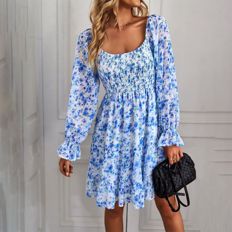 Women's Fashion Boho Style Floral Printing U-Neck Ruffled Dress