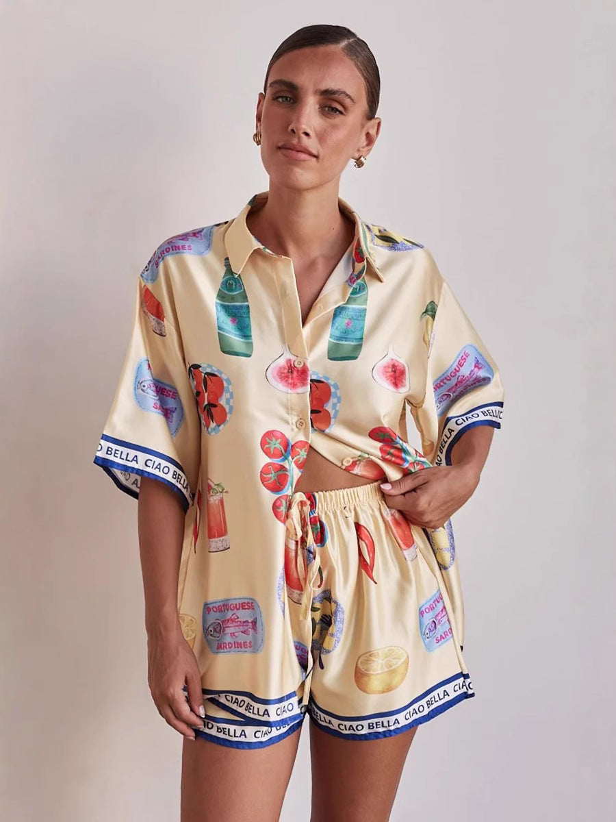 Women Fashion Casual Printed Lapel Blouse Set