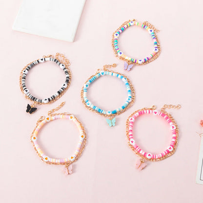Conjunto de tobillera de doble capa con cuentas de corazón y mariposa bohemia