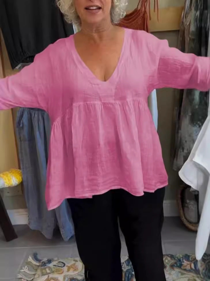 Women Casual Solid Cotton Linen V-Neck Blouse