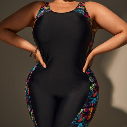 Traje de baño deportivo de una pieza sin mangas con costuras estampadas a la moda para mujer, talla grande
