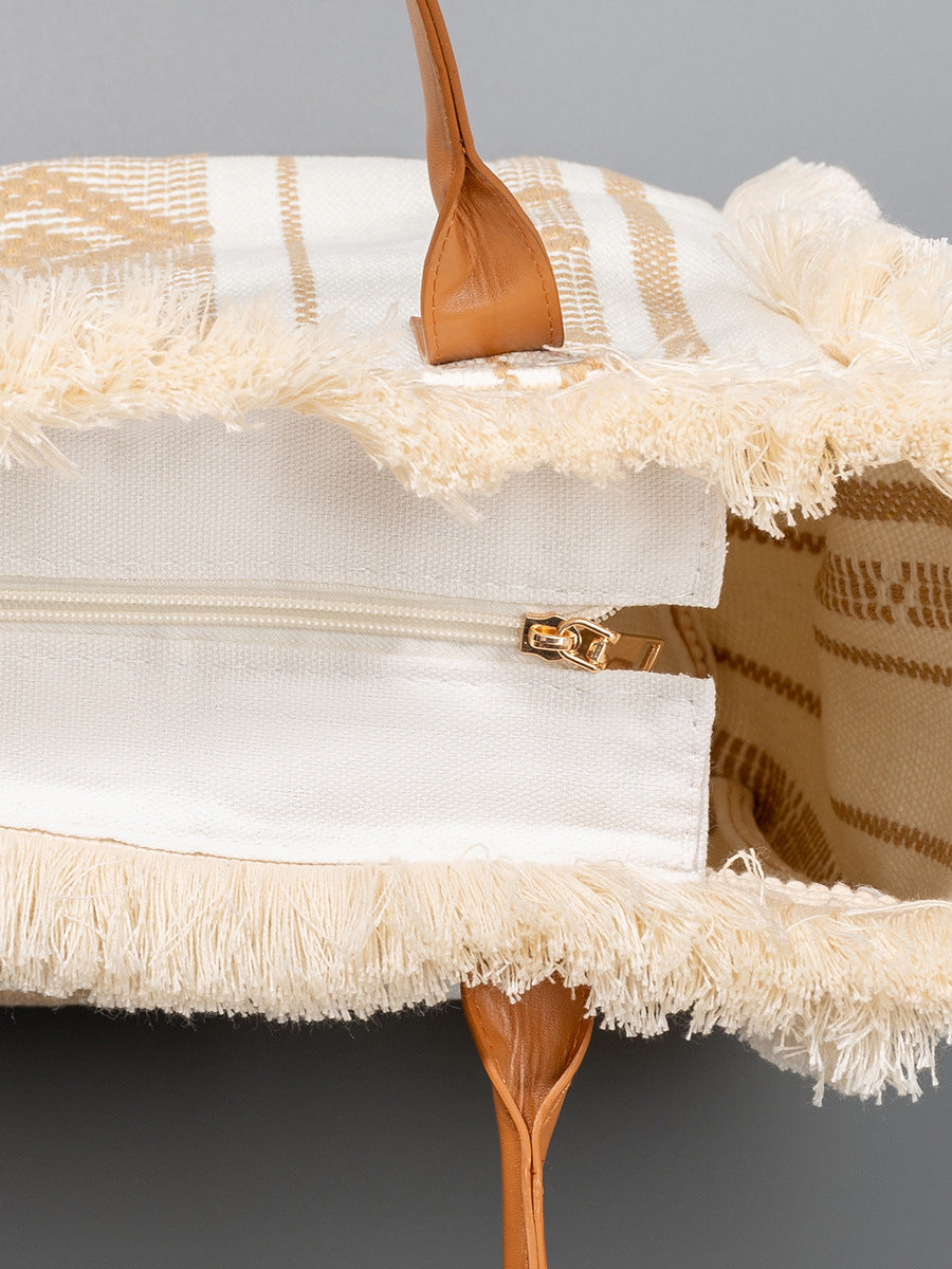 Bolso tote de lona con borlas de gran capacidad estilo bohemio