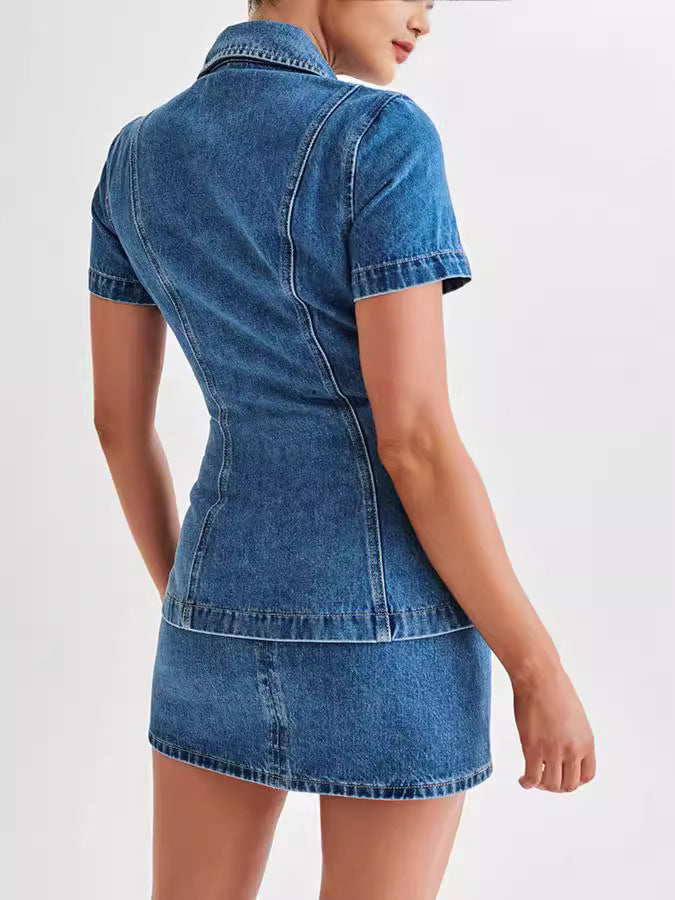 Women Fashion Lapel Short Sleeve Button Denim Top High Waist Skirt Two-Piece Set