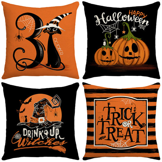 Funda de cojín para sofá con diseño de calabaza, gato y sombrero de bruja de Halloween