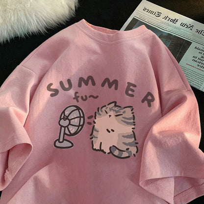 Camiseta informal de manga corta con estampado de dibujos animados para mujer
