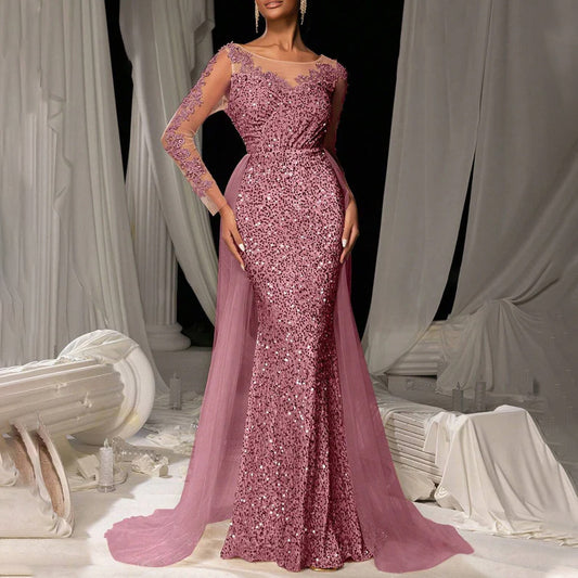 Women Fashion Elegant Solid Color Lace Sequins Long Sleeve Party Dress