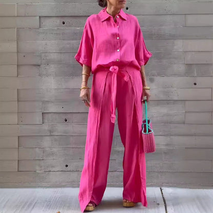 Women Fashion Casual Cotton Linen Laple Top Pants Set