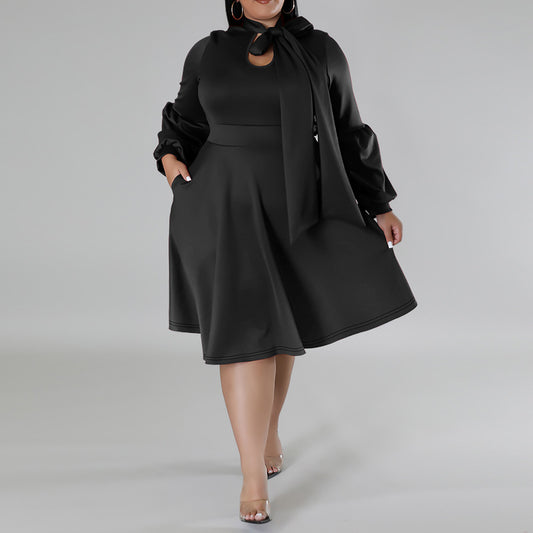 Women Fashion Causal Solid Color Long Dress with Bubble Sleeves