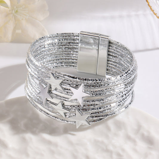 Women Fashion Creative Multi-Layer Five-Pointed Star Leather Bracelet