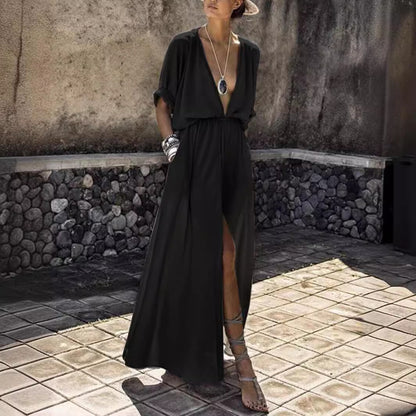 Robe ample décontractée à manches courtes et col en V profond pour femme, couleur unie