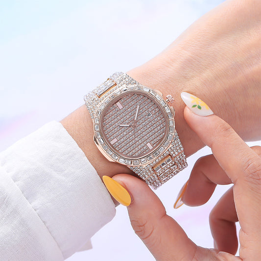 Women Fashion Rhinestone Square Dial Calendar Watch - Metal Strap