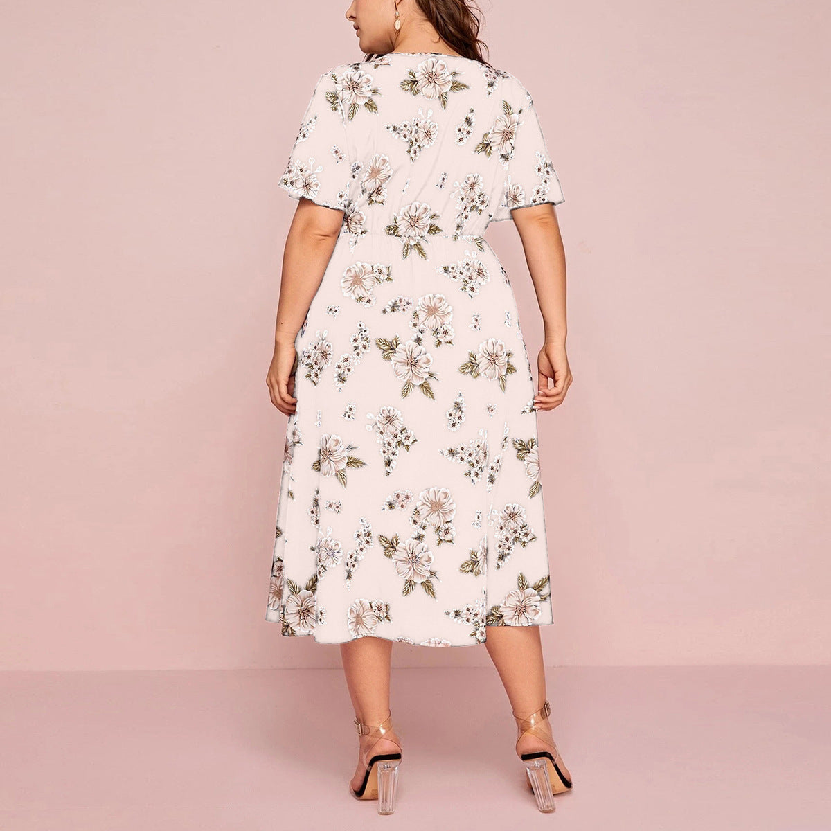 Vestido informal de gasa con cuello en V y estampado floral para mujer, talla grande
