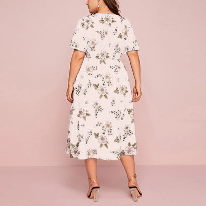 Vestido informal de gasa con cuello en V y estampado floral para mujer, talla grande