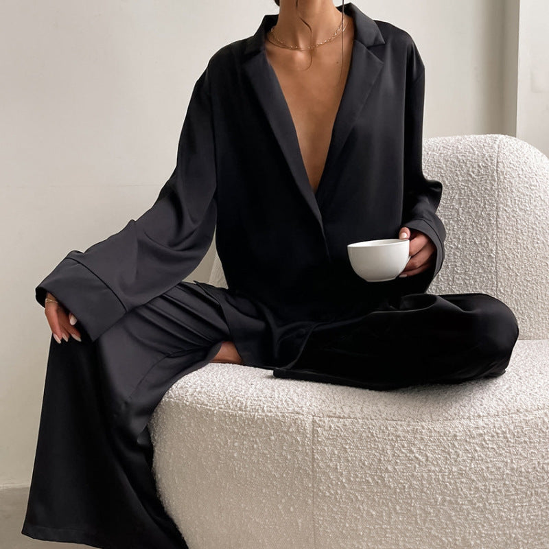 Women's Long-Sleeved Solid Satin Two-Piece Pajamas