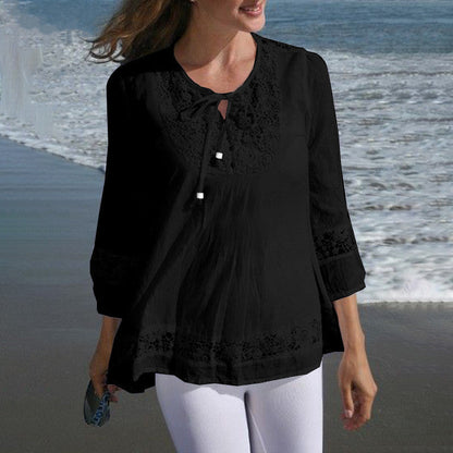 Blusa informal de lino y algodón de color liso para mujer