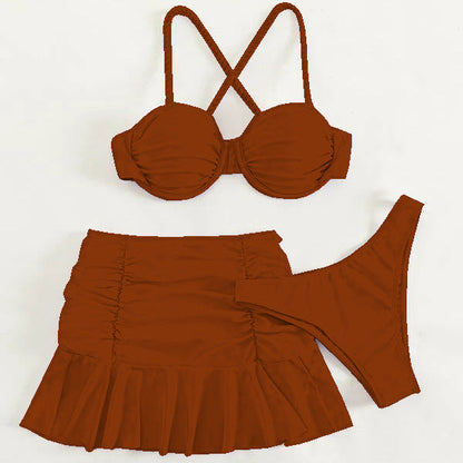 Conjunto de traje de baño plisado de color sólido de moda para mujer