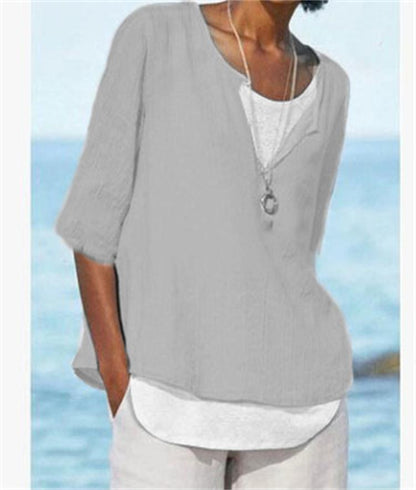 Blusa informal de lino con cuello en V y color liso para mujer