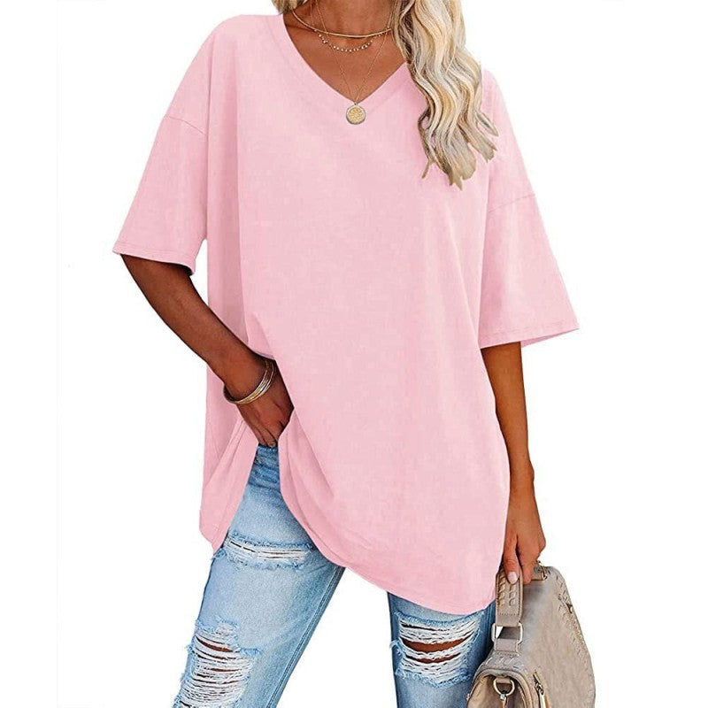 Camiseta informal holgada de manga corta con cuello en V para mujer, color liso