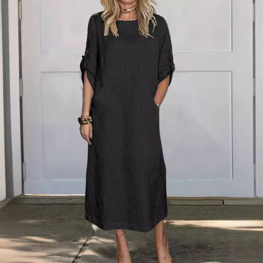 Summer Women Casual Solid Color Round Neck Dress