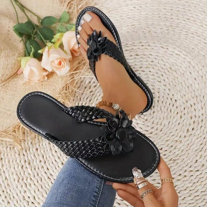 Chaussons plats tissés à fleurs de couleur unie pour femmes