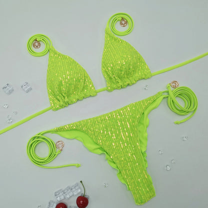 Traje de baño de bikini con cuello halter y lentejuelas de color sólido sexy para mujer