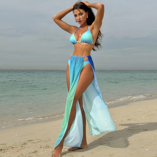 Women Sexy Gradient Mesh Drawstring Strap Bikini Set