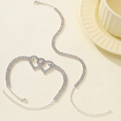 Women Fashion Double-Layer Love Rhinestone Anklet