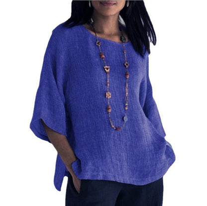 Blusa de algodón y lino con mangas tres cuartos para mujer