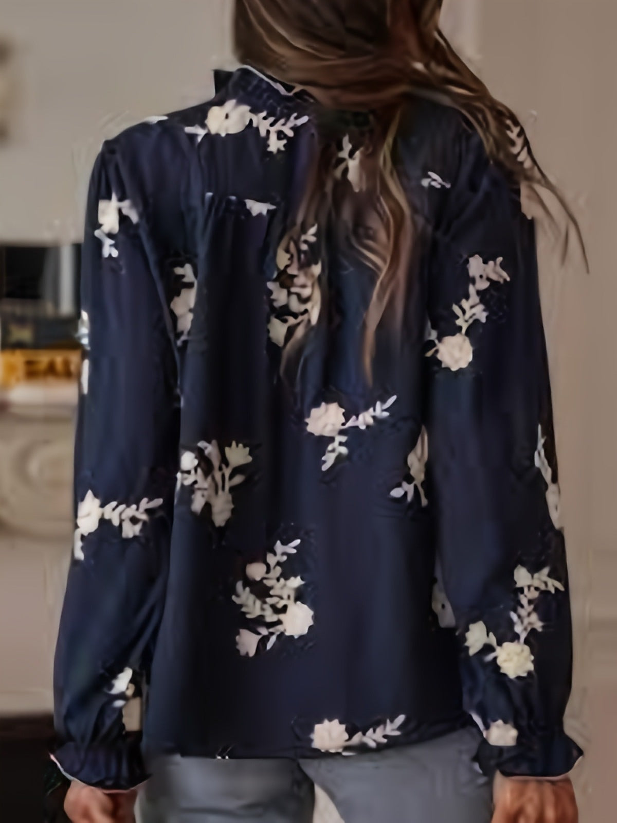 Women Long Sleeve Embroidered Floral Shirt with Lantern Sleeves