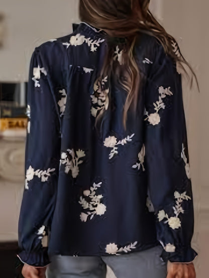 Women Long Sleeve Embroidered Floral Shirt with Lantern Sleeves